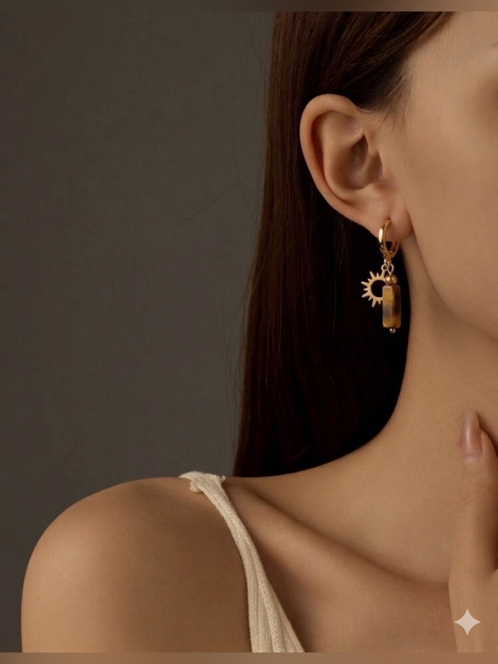 Natural TIGER’S EYE stone crystal drop earrings NEW goldtone sun - Picture 5 of 5